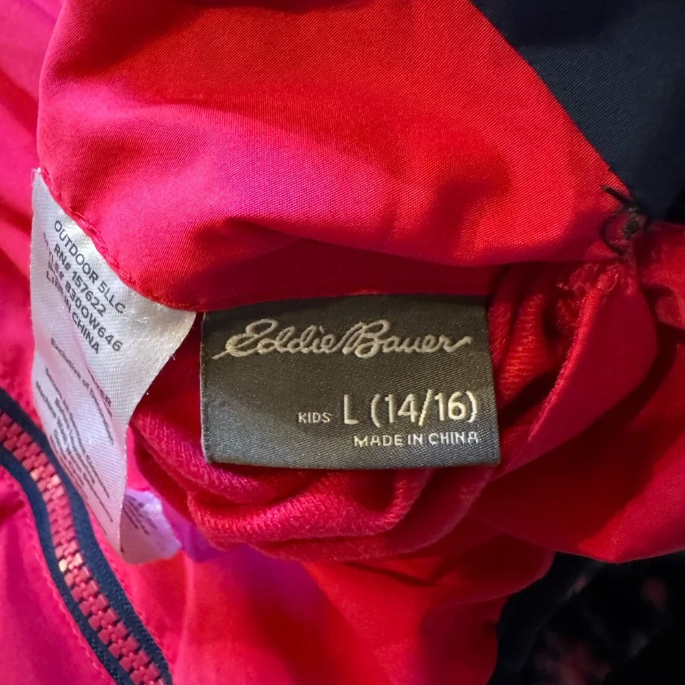 Eddie Bauer pink & blue, flowered reversible hooded jacket.  Girls size large